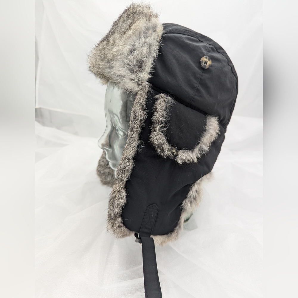 Mad Bomber Black Supplex Bomber with Grey Rabbit Fur Large